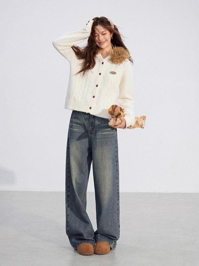 Cable Knit Fur-Collar Hoodie