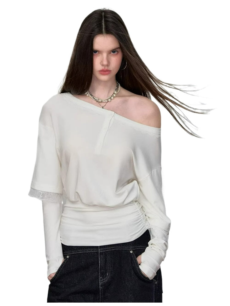 Asymmetrical Lace Panel Faux Layered Tee