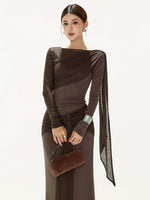 Brown Ruched Knit Blouse & Skirt Set