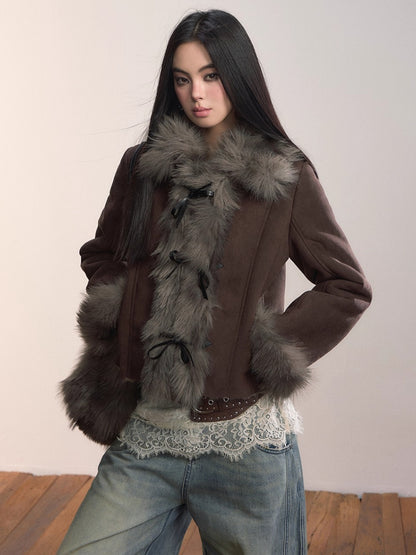 Bow Knot Tie Faux Leather Fur Combo Jacket