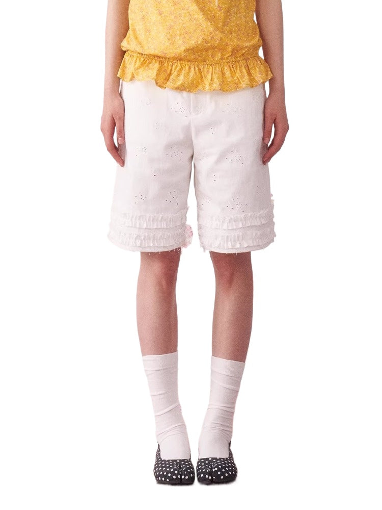 White Lace Trim Casual Shorts