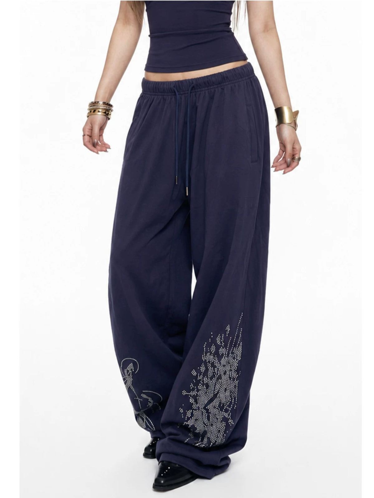 Navy Rhinestone Wide Leg Pants