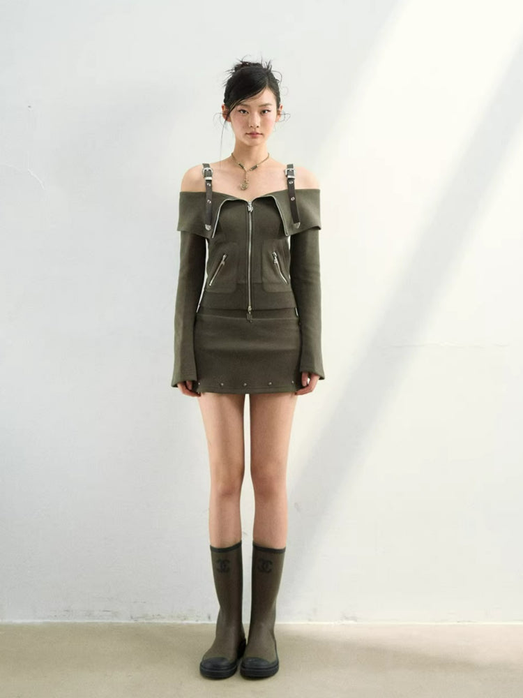 Off-Shoulder Sweatshirt Studded Skirt Set