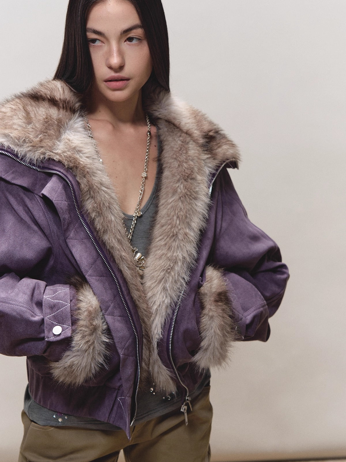 Faux-Suede Fur-Collar Quilted Parka