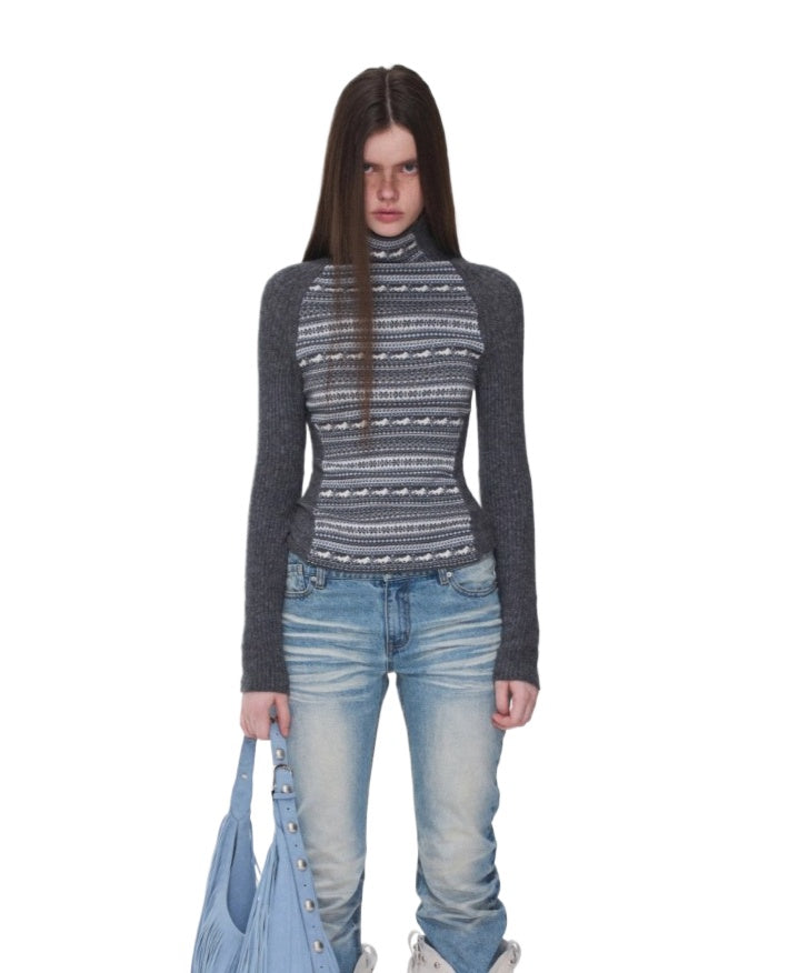 Fair Isle Turtleneck Raglan Sleeve Colorblock Knit Base Layer