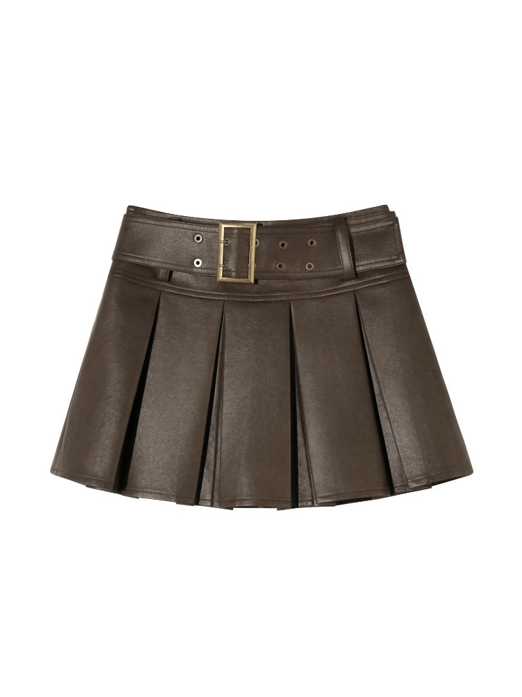 Brown A-Line Belted Pleated PU Leather Skirt