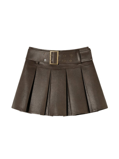Brown A-Line Belted Pleated PU Leather Skirt