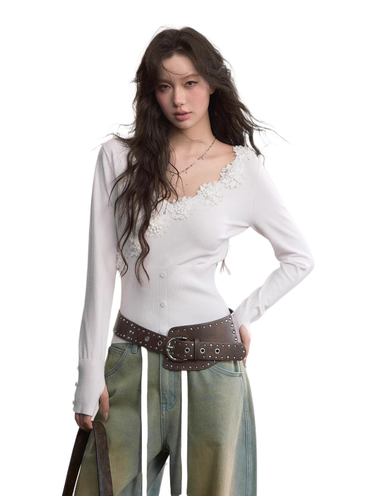 3D Floral Ribbed Waist-Fit T-shirt