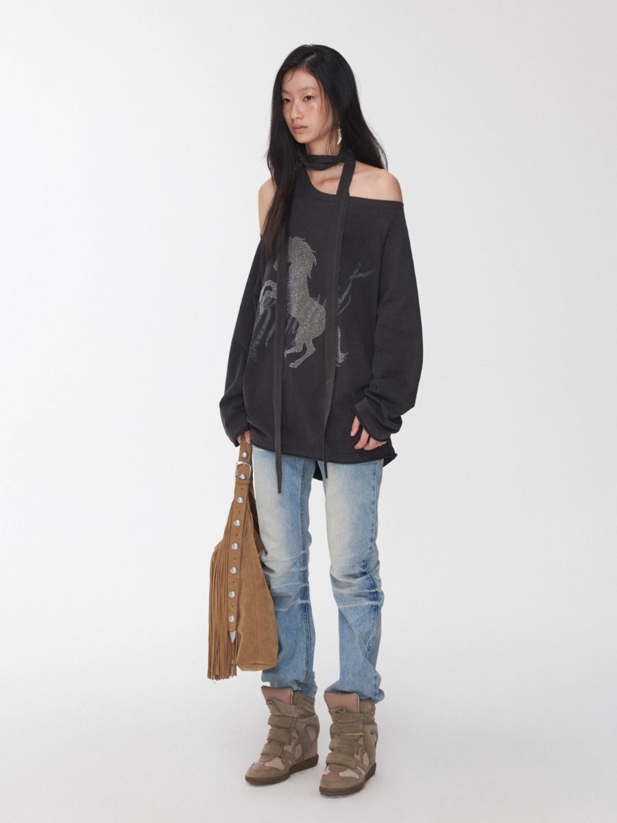 Rhinestone Graphic Off-Shoulder Tie Sweatshirt