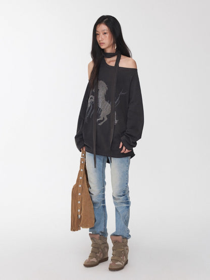 Rhinestone Graphic Off-Shoulder Tie Sweatshirt