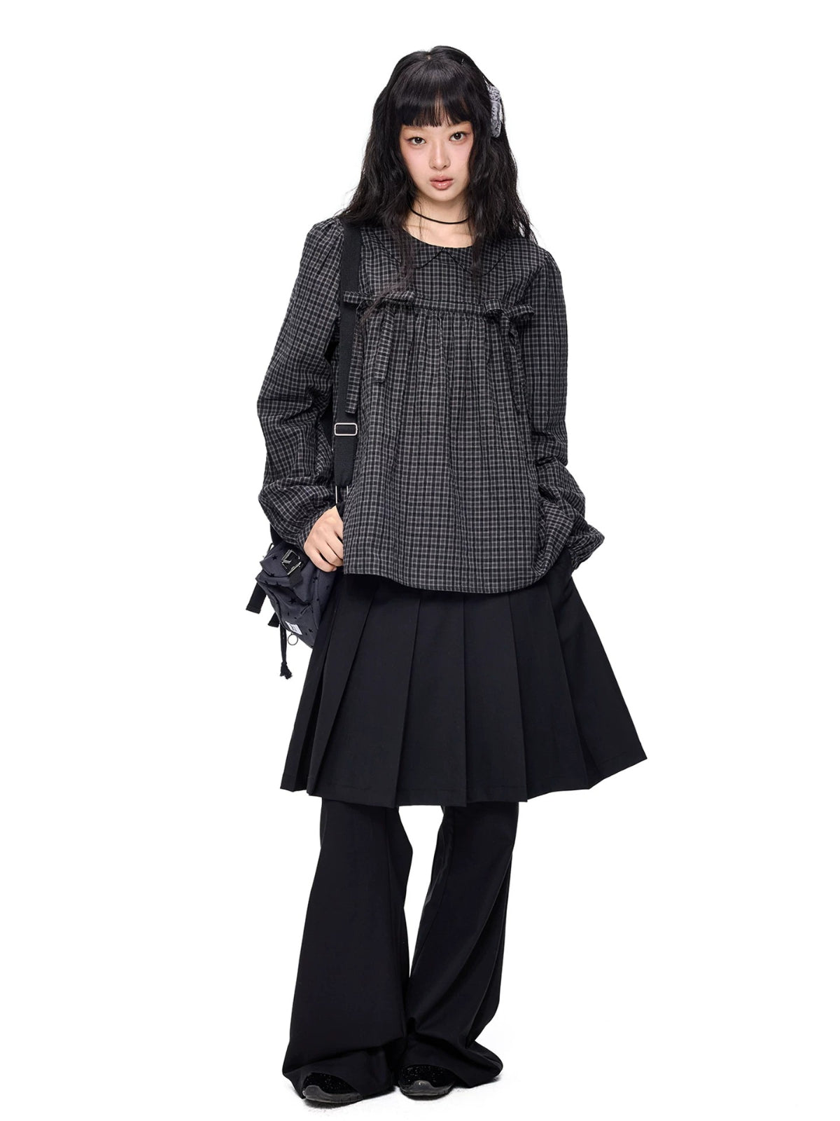 Plaid Collar Tie Blouse