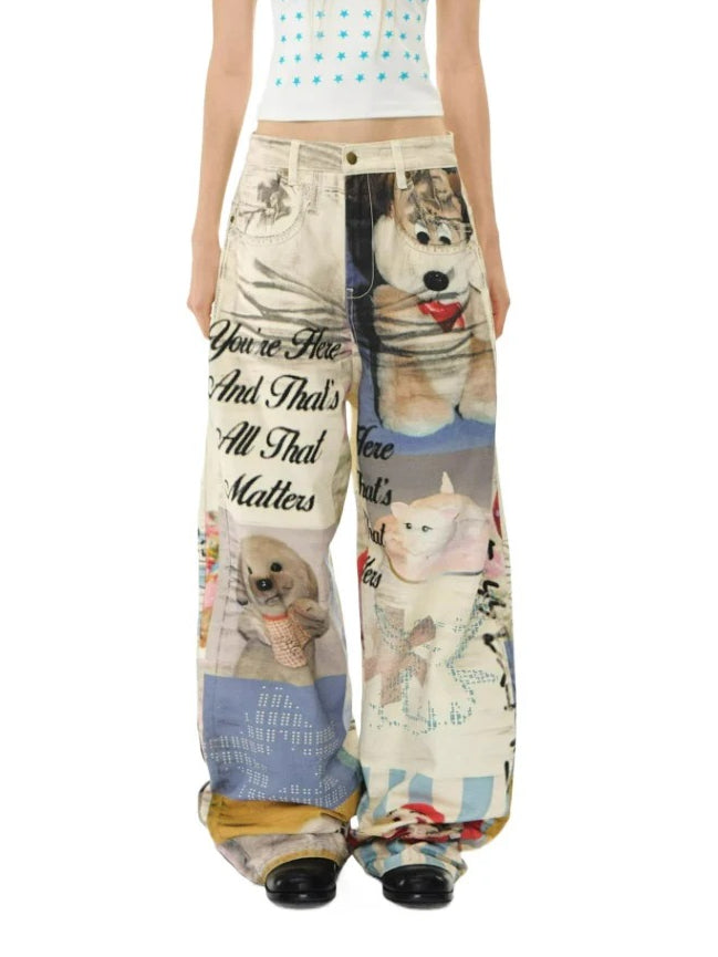 Printed Wide-Leg Denim Jeans
