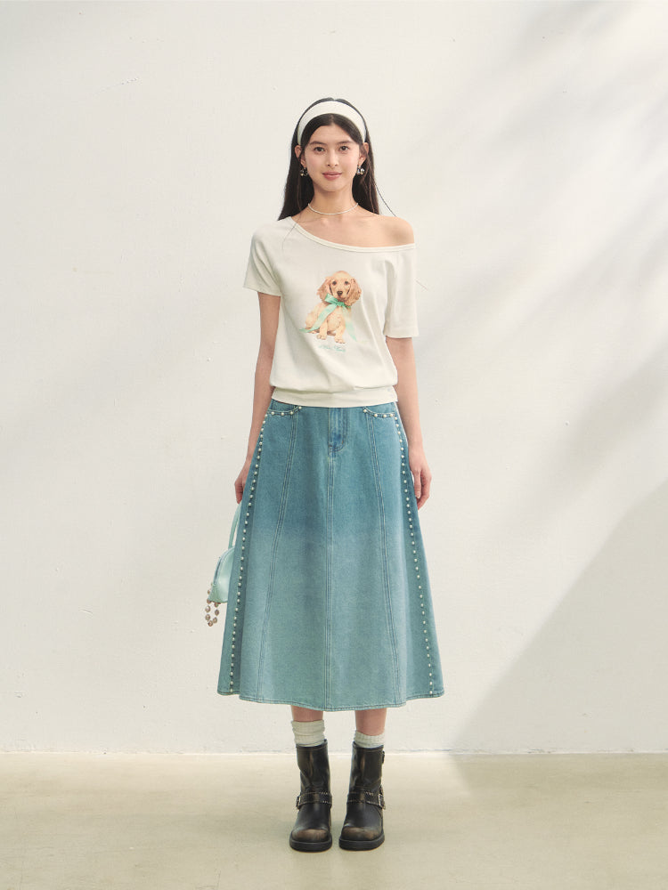 Beaded Washed Gradient Denim Skirt