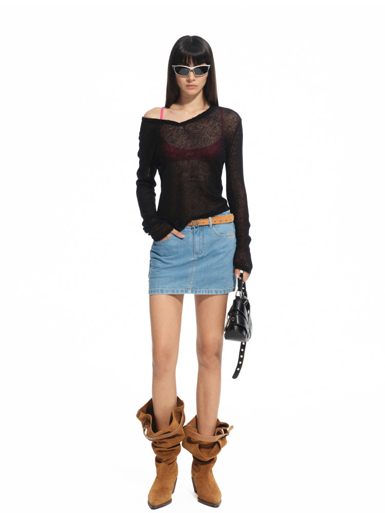 Denim Mid-rise Straight Pencil Skirt
