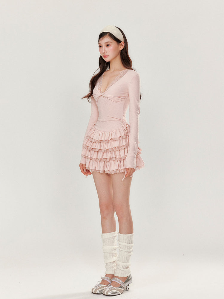 V-neck Long Sleeve Cake Dress
