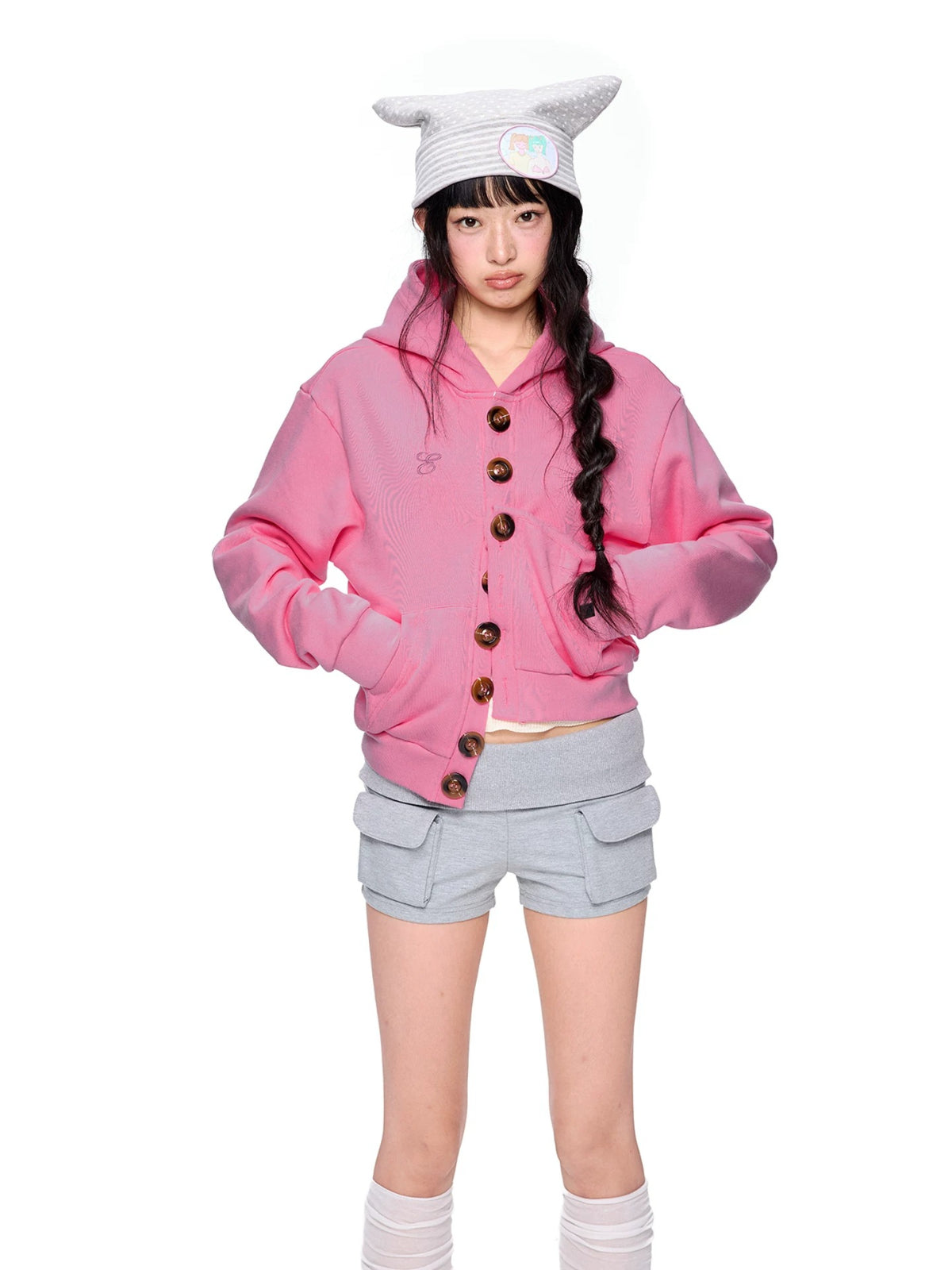Button Embroidered Cropped Hoodie