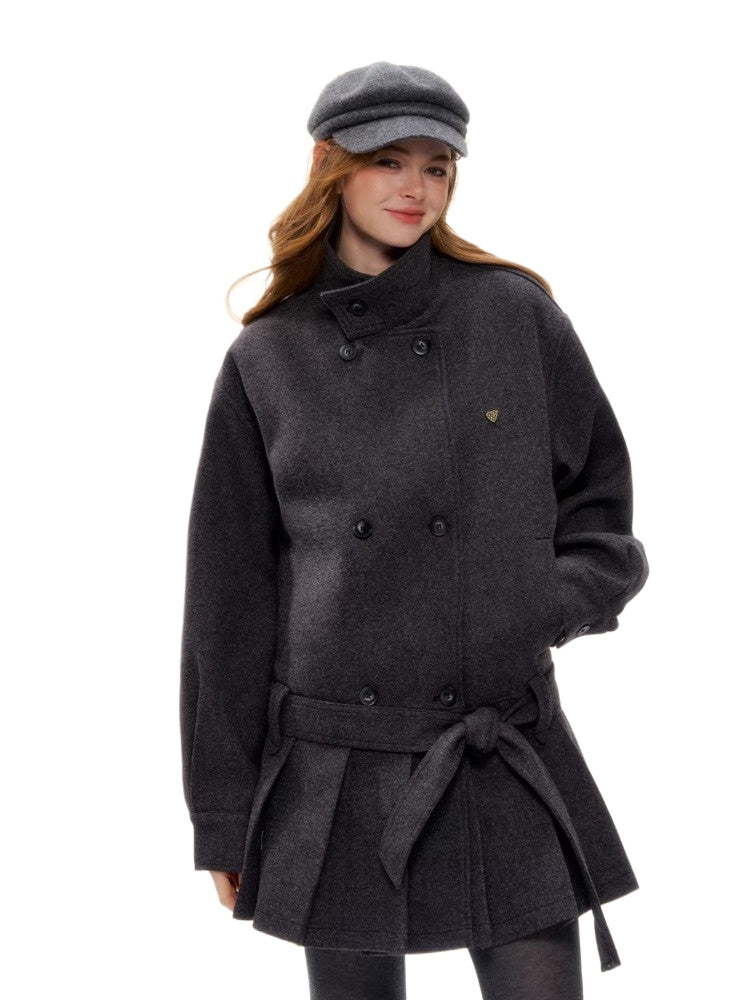 Double-Breasted Pleated Hem Wool Down Coat
