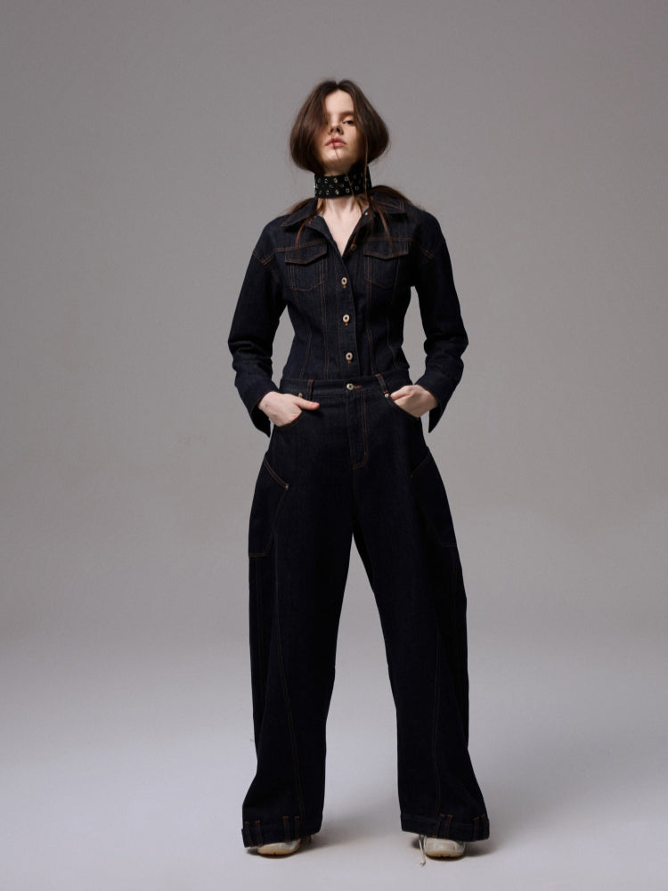 Raw Denim Wide-Shoulder Waist-Cinching Jacket Set