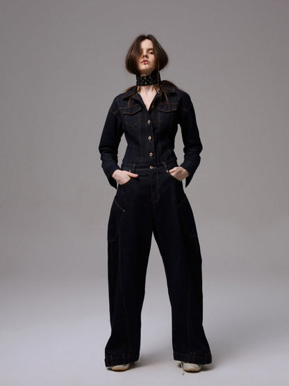 Raw Denim Wide-Shoulder Waist-Cinching Jacket Set