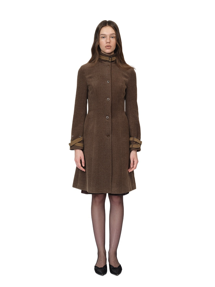 Detachable-Collar Wool-Blend Long Coat