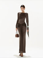 Brown Ruched Knit Blouse & Skirt Set