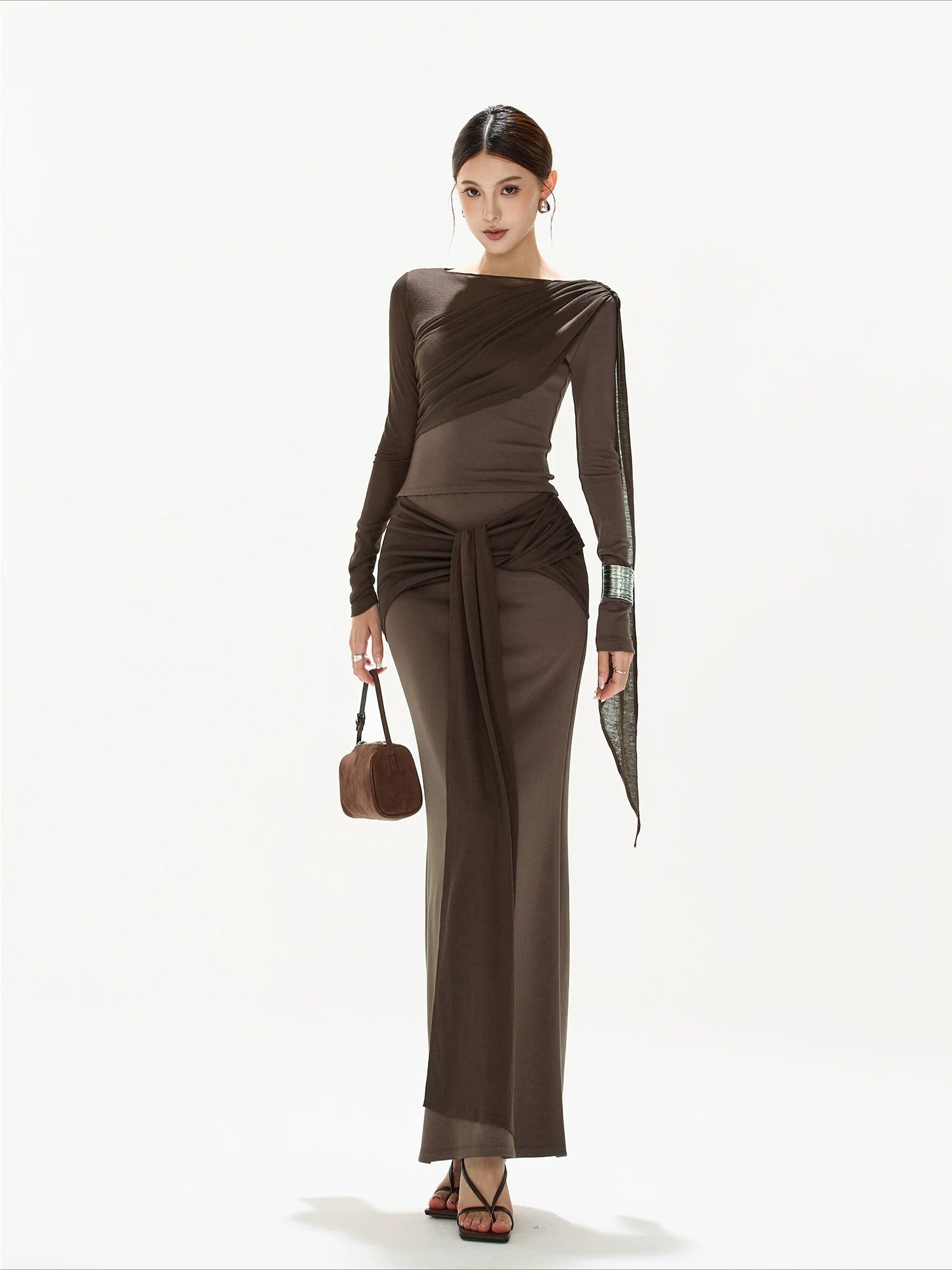 Brown Ruched Knit Blouse &amp; Skirt Set