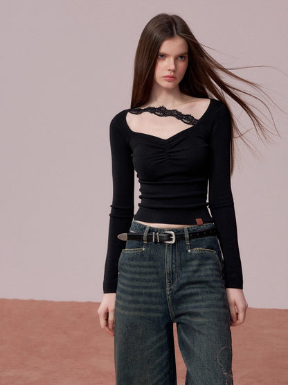 Ruched Lace Detail Knit Top