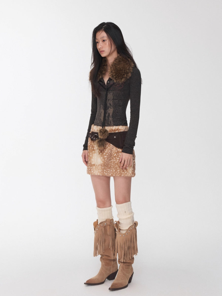 Vintage Deer Print Faux Fur Skirt