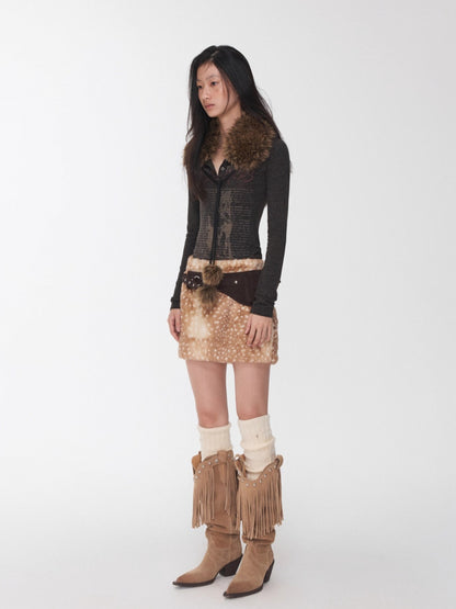 Vintage Deer Print Faux Fur Skirt