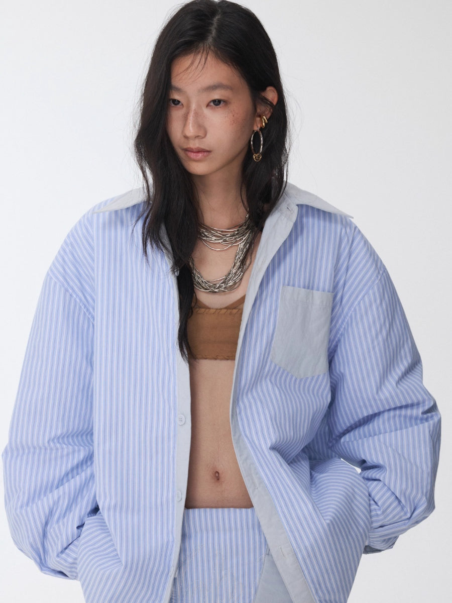 Embroidered Striped Reversible Cotton Padded Shirt &amp; Skirt Set