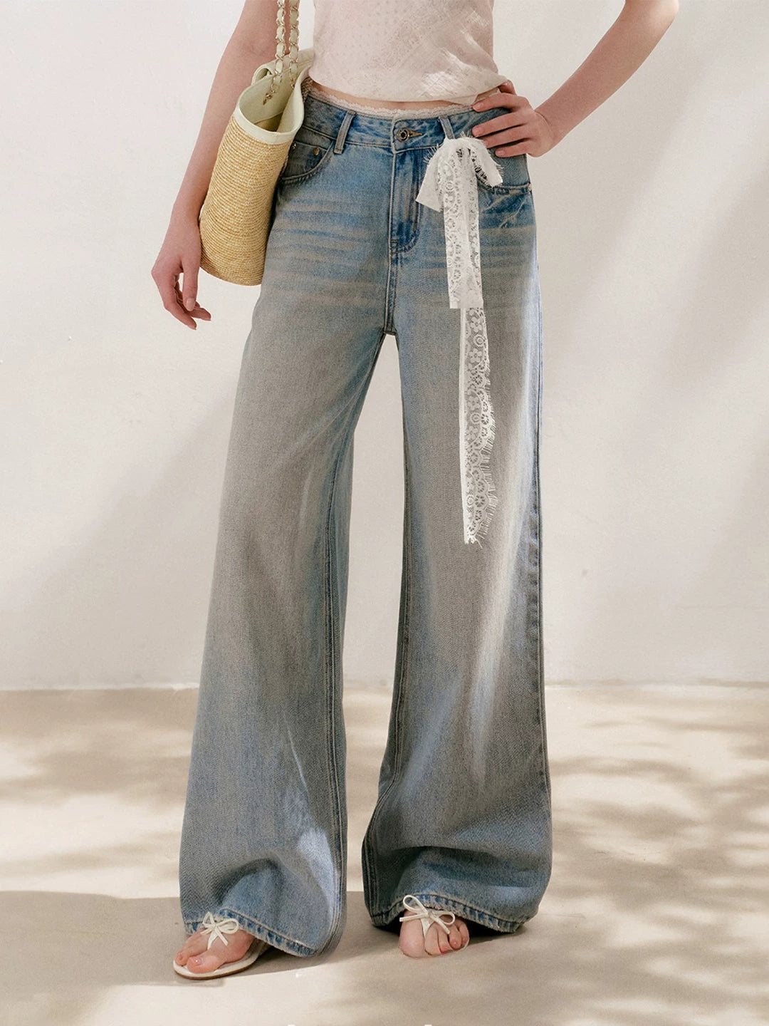 Lace Tie Wide-Leg Jeans