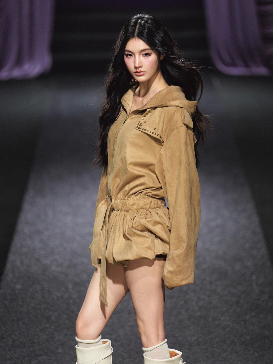 Studded Suede Hooded Trench Coat