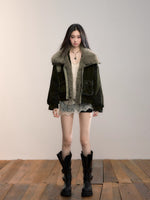 Velvet Denim Oversized Fur Collar Down Jacket