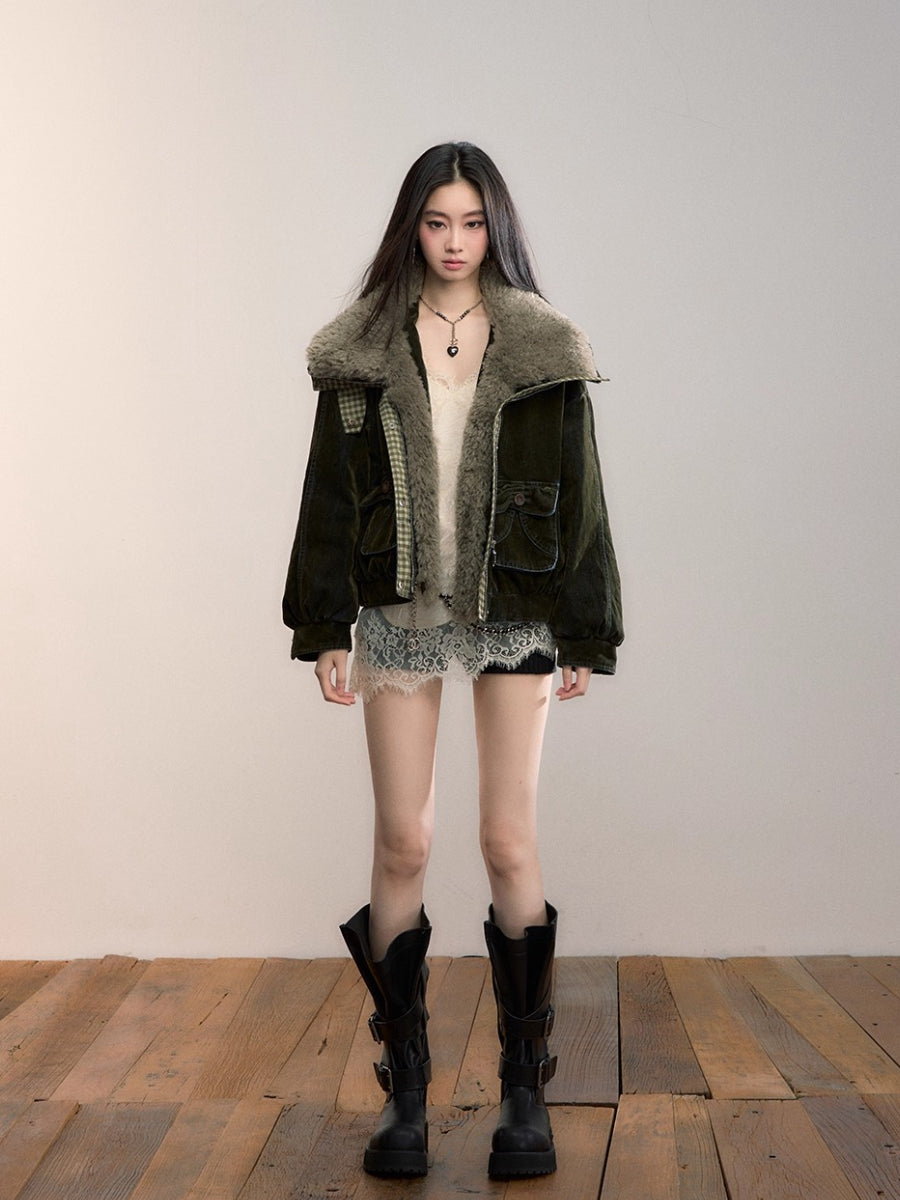 Velvet Denim Oversized Fur Collar Down Jacket