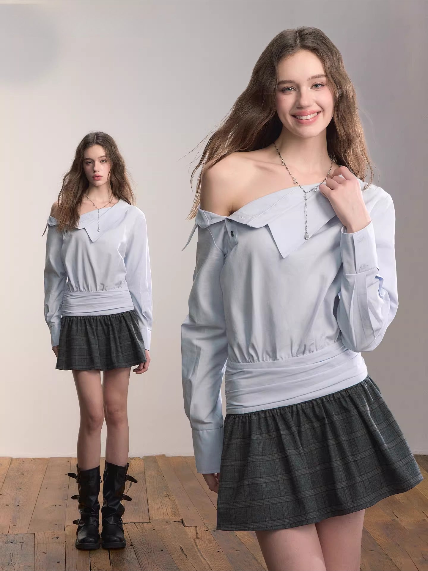 Blue Asymmetrical Shirt Plaid Mini Dress