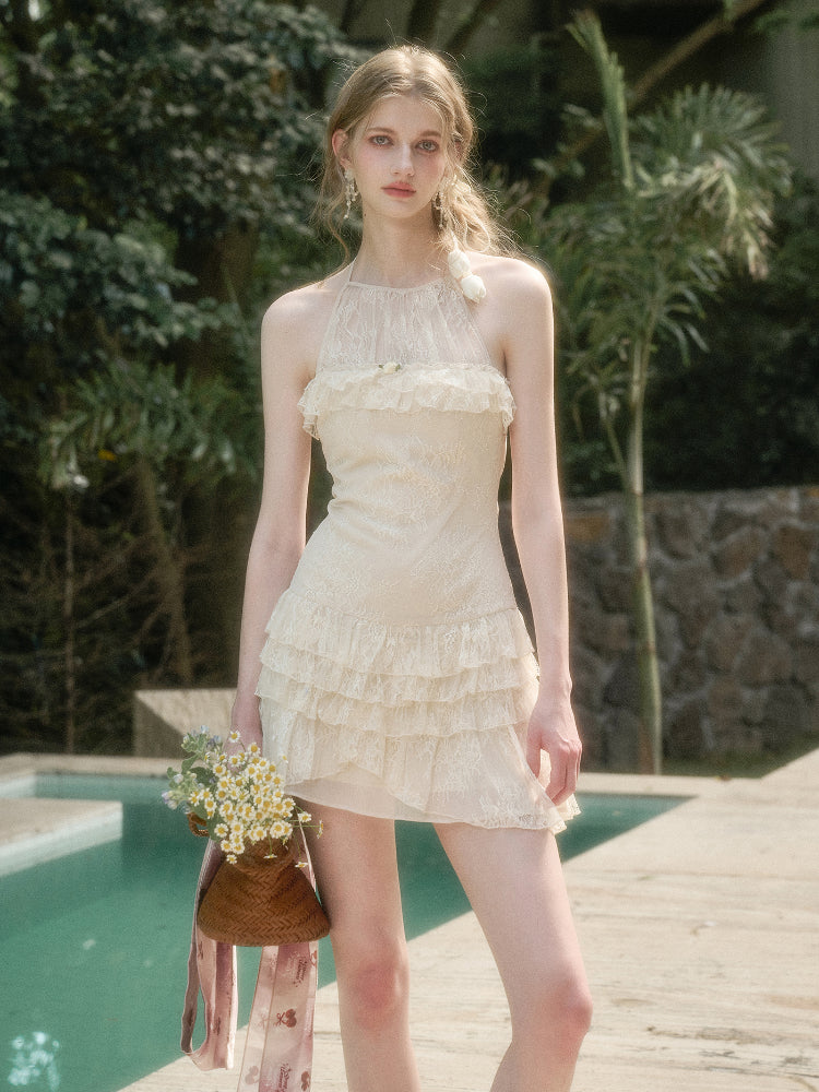 Light White Lace Halter Neck Slip Short Dress