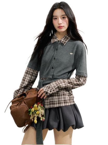 College Plaid Fake Two-piece Shirt
