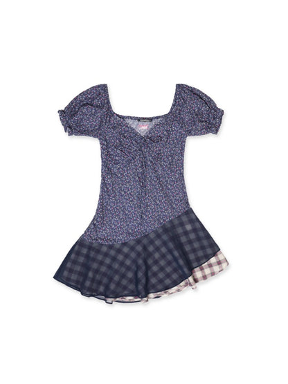 Floral Patchwork Mesh Bow Tie Bubble Sleeve Top &amp; Dress