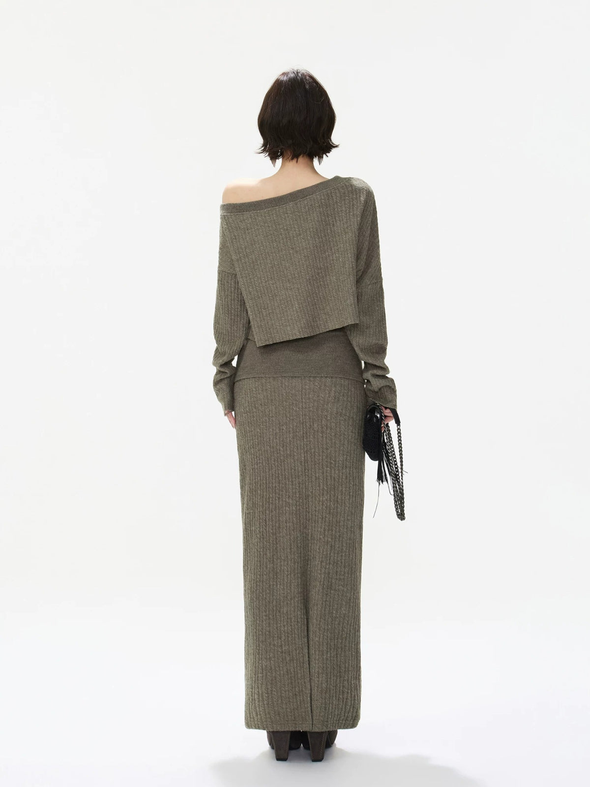 Asymmetric Ribbed Knit &amp; Maxi Skirt Set