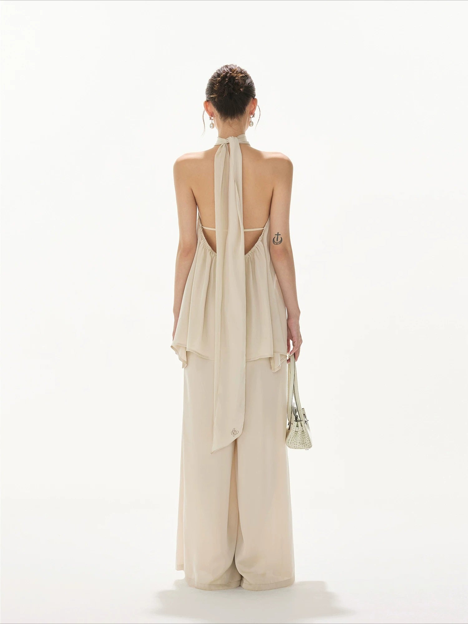 Light Champagne Satin Pleated Pants