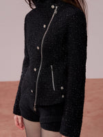 Sparkling Tweed High Neck Waist Cinching Jacket