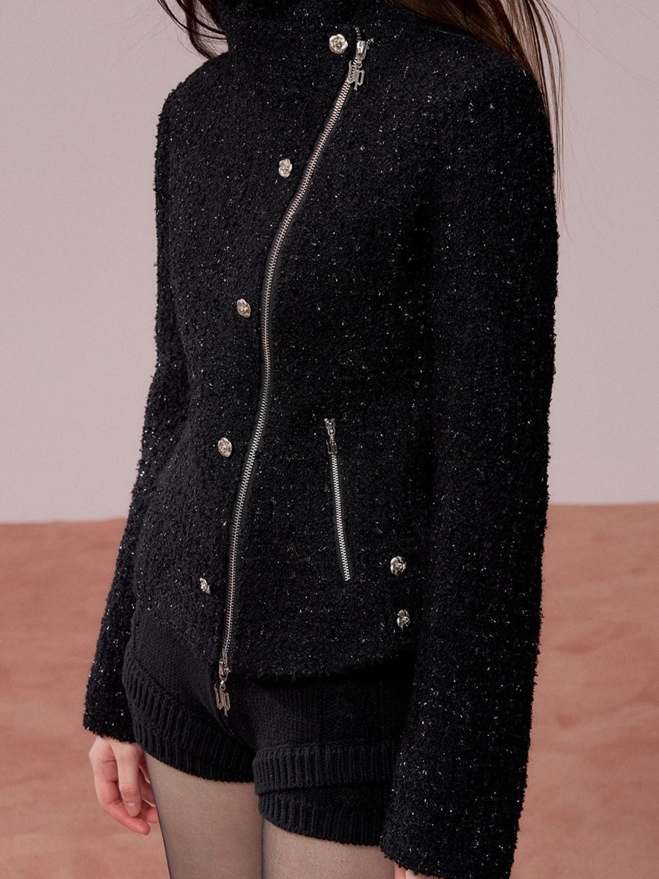 Sparkling Tweed High Neck Waist Cinching Jacket