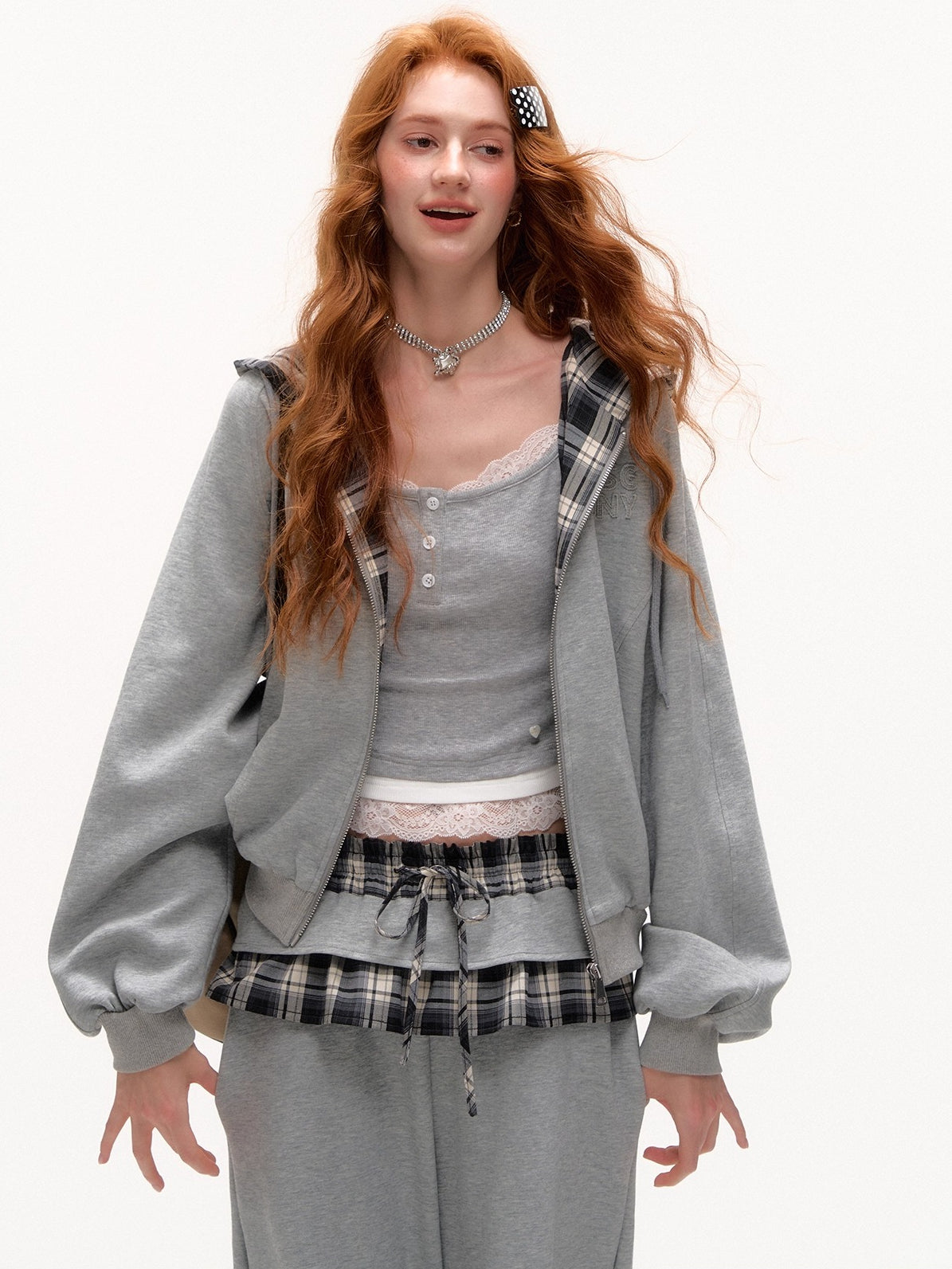 Plaid Patch Embroidered Sweatshirt &amp; Ruffled Waist Pants Set