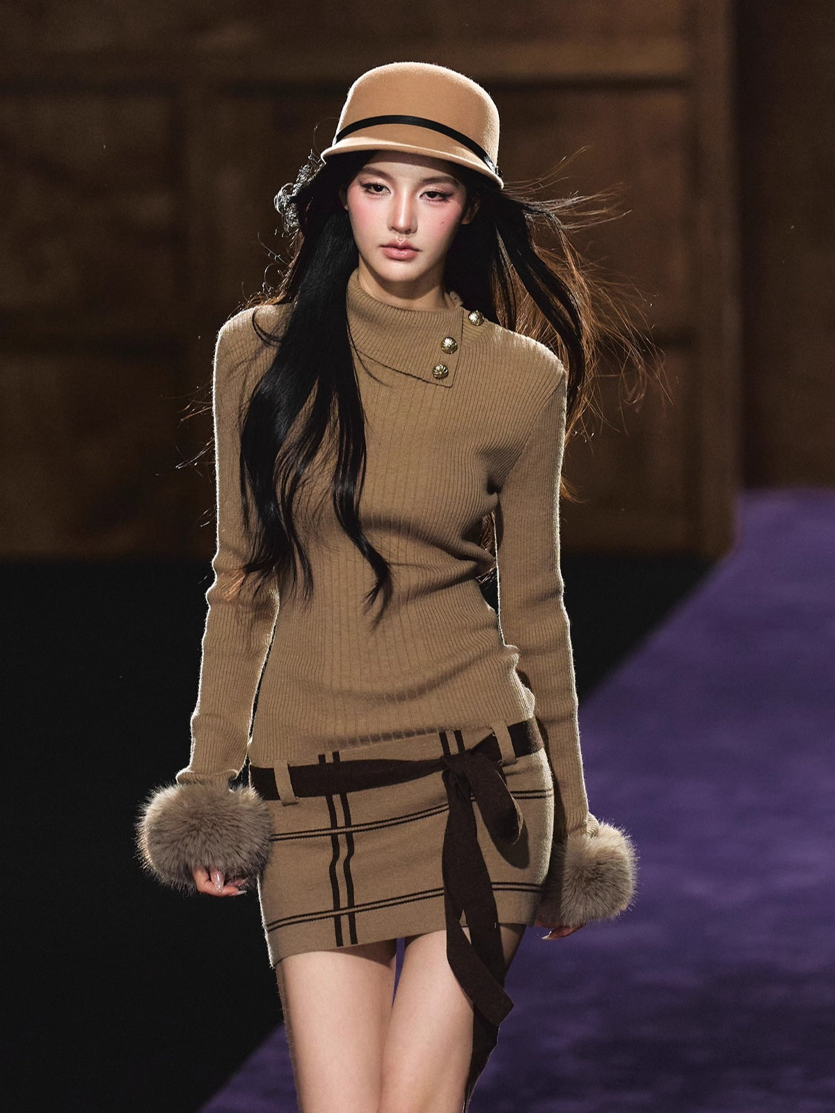 Turtleneck Fuzzy-Cuff Knit Dress