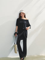 Checkered Asymmetric Shoulder Short-Sleeve T-Shirt & Pants Set