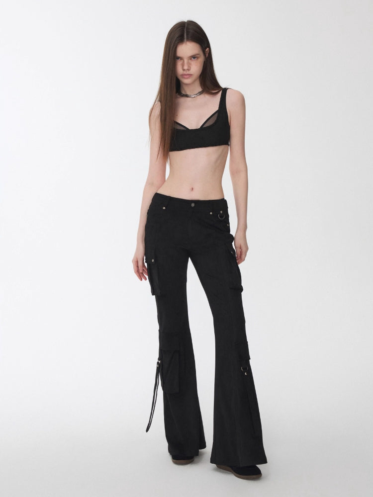 Suede Studded Cargo Flare Pants