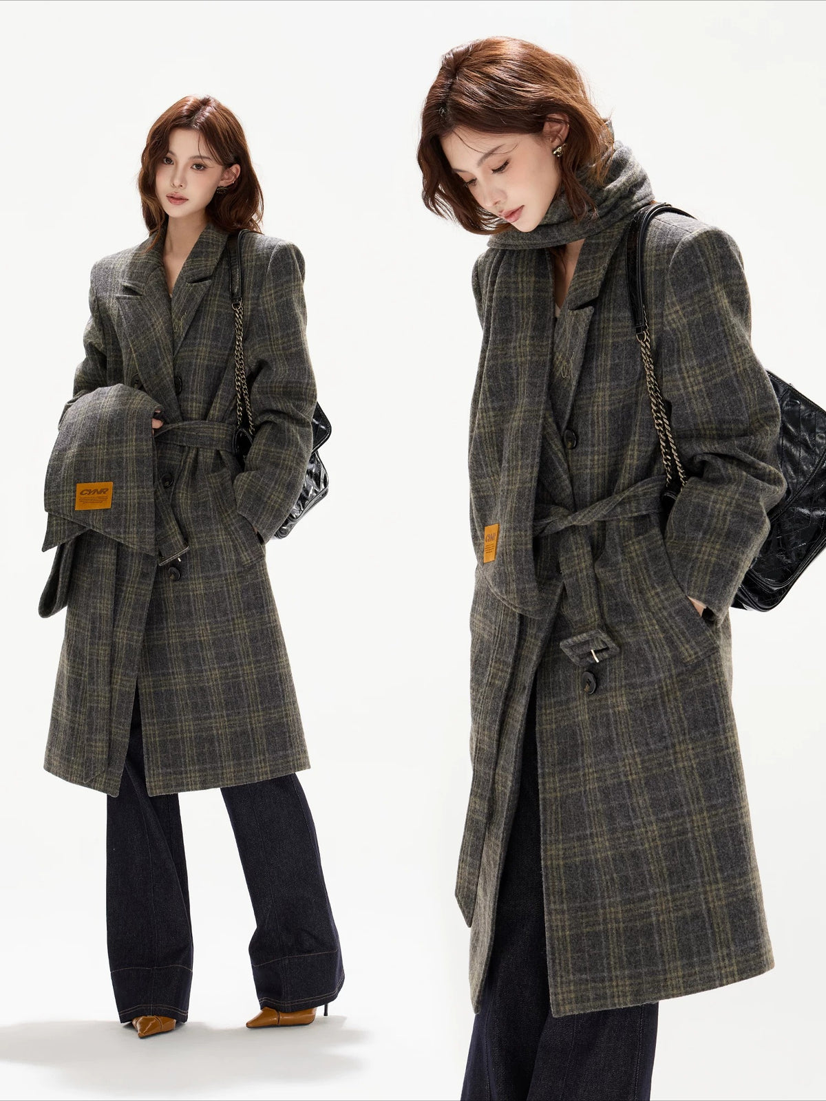 Gray Plaid Detachable Scarf Wool Coat