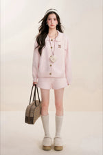 Pink Knit Turn-Down Collar Cardigan Set