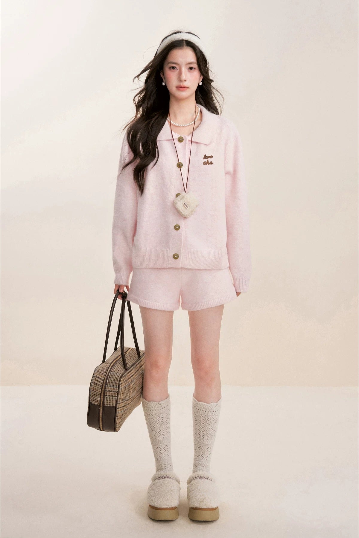 Pink Knit Turn-Down Collar Cardigan Set