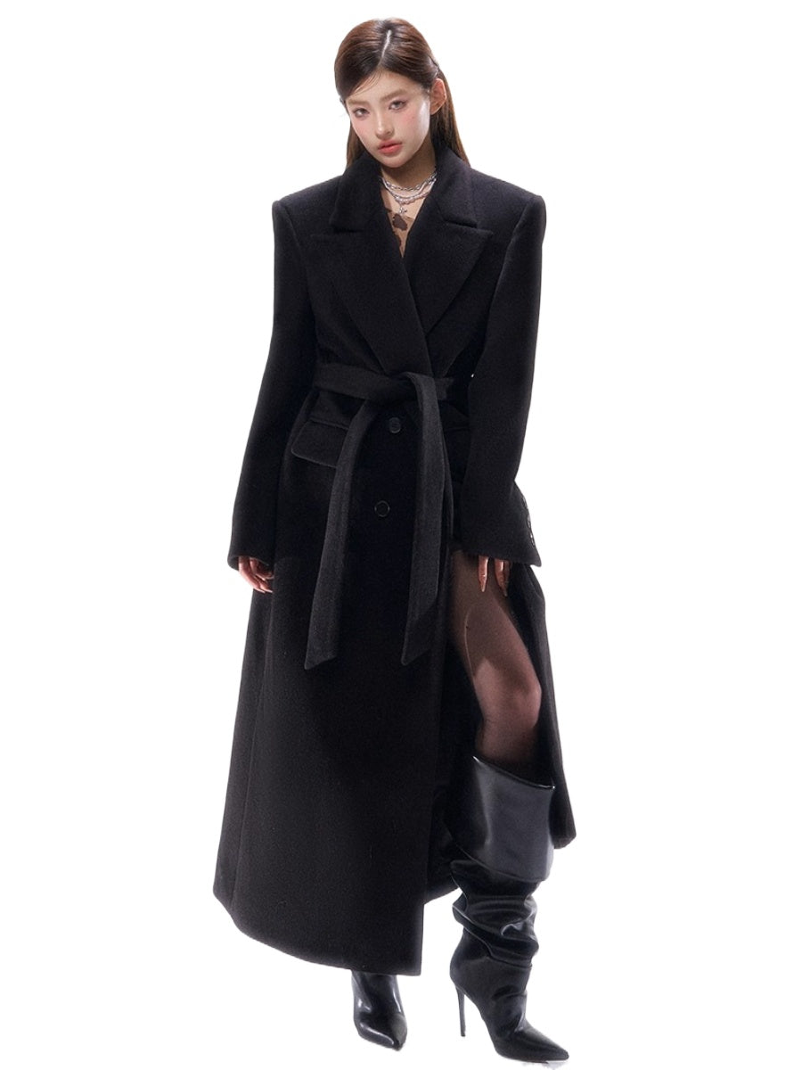 Hokkaido Wool-Blend Belted Lapel Long Coat